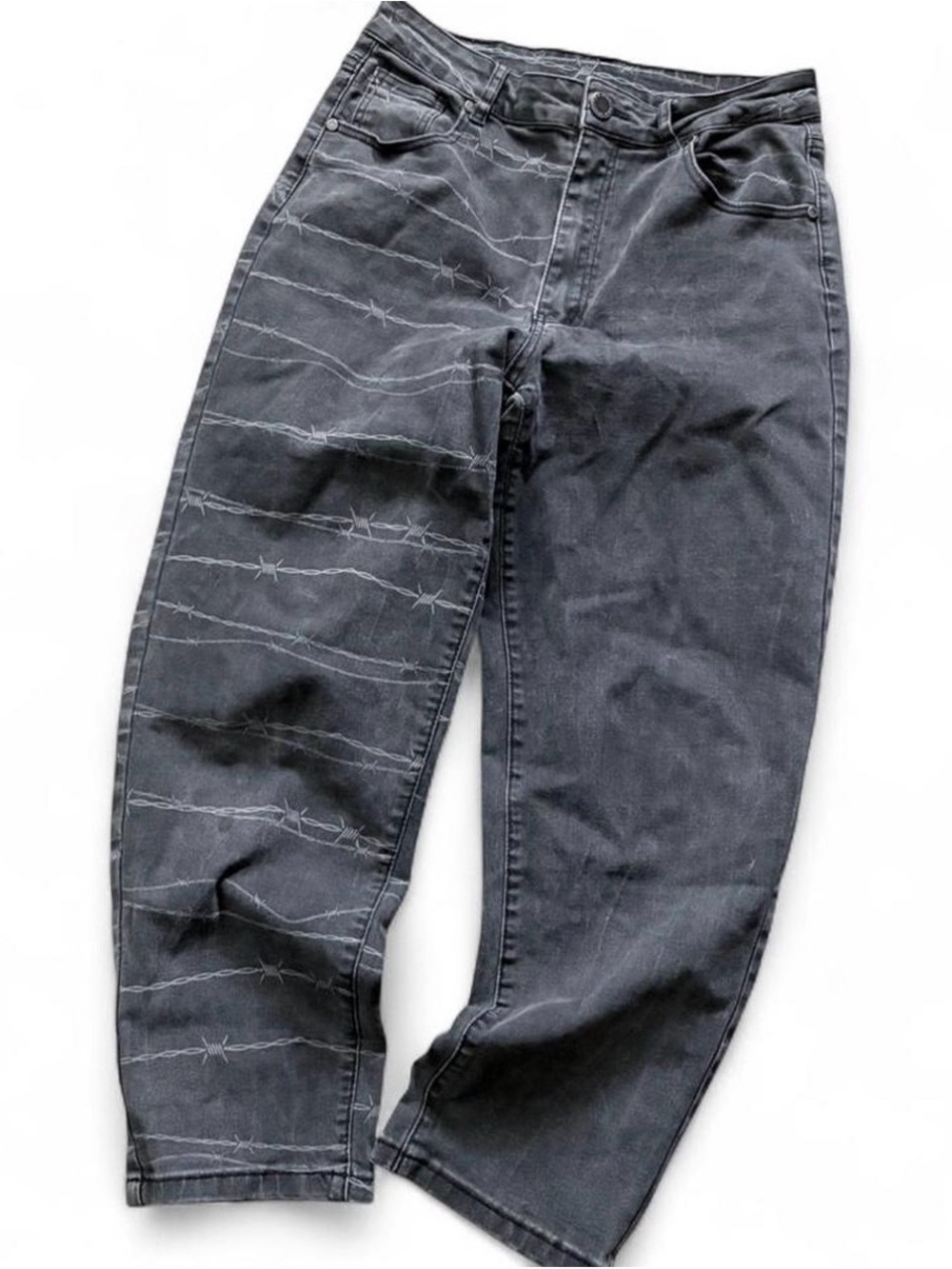Disturbia  Gray Washed High-Rise Jeans with Barbed Wire Detail